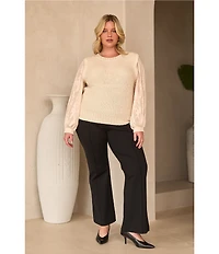 Skies Are Blue Plus Size Knit Chiffon Crew Neck Long Sheer Organzaa Sleeve Twofer Sweater Top