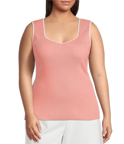 Skies Are Blue Plus Size Knit V-Neck Sleeveless Contrast Trim Tank