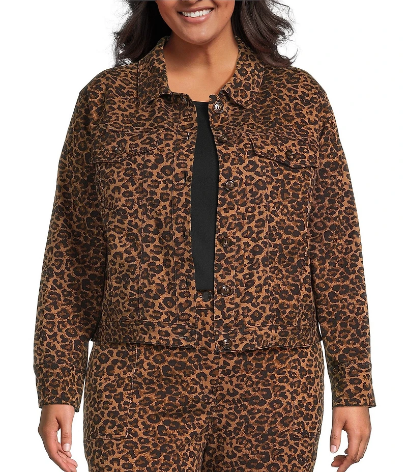 Skies Are Blue Plus Size Leopard Printed Long Sleeve Twill Jacket