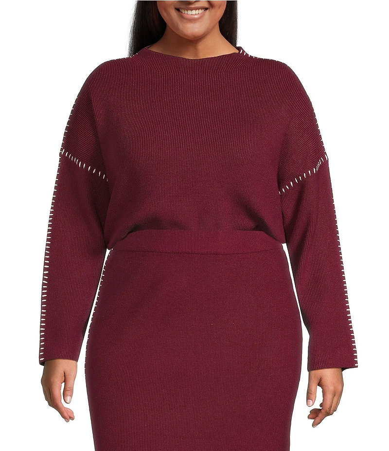 Skies Are Blue Plus Size Long-Sleeve Blanket-Stitch Oversized Coordinating Sweater