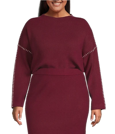 Skies Are Blue Plus Size Long-Sleeve Blanket-Stitch Oversized Sweater