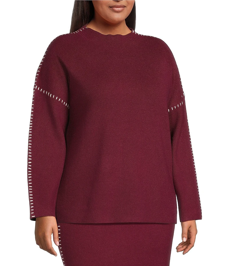 Skies Are Blue Plus Size Long-Sleeve Blanket-Stitch Oversized Coordinating Sweater