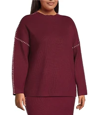 Skies Are Blue Plus Size Long-Sleeve Blanket-Stitch Oversized Coordinating Sweater