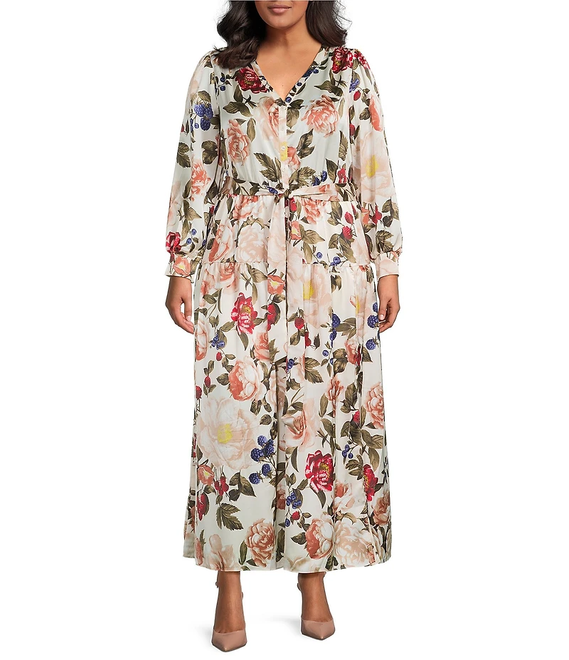 Skies Are Blue Plus Size Long Sleeve Floral Printed Long Dress