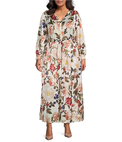 Skies Are Blue Plus Size Long Sleeve Floral Printed Long Dress