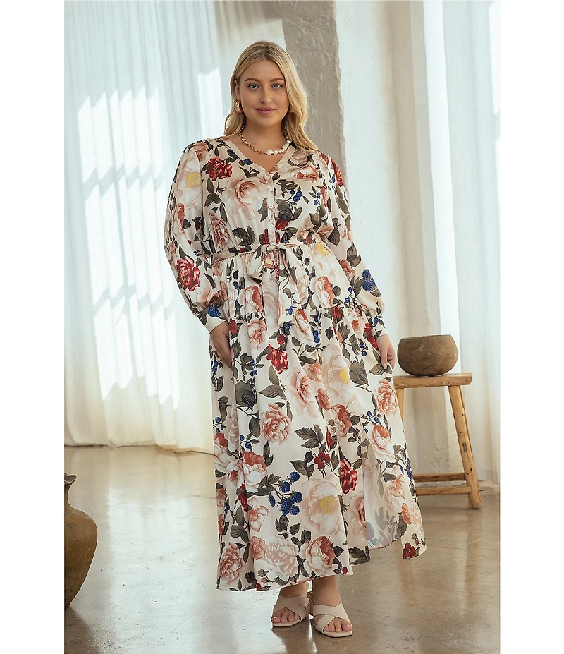 Skies Are Blue Plus Size Long Sleeve Floral Printed Long Dress