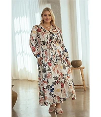 Skies Are Blue Plus Size Long Sleeve Floral Printed Long Dress