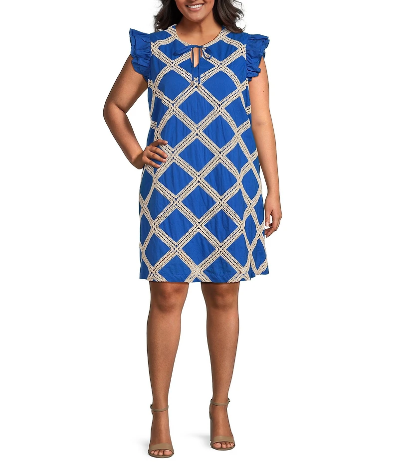 Skies Are Blue Plus Size Macrame Embroidered Pattern Sleeve Mini Dress