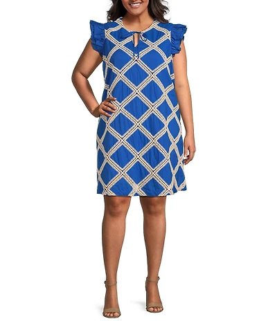 Skies Are Blue Plus Size Macrame Embroidered Pattern Sleeve Mini Dress