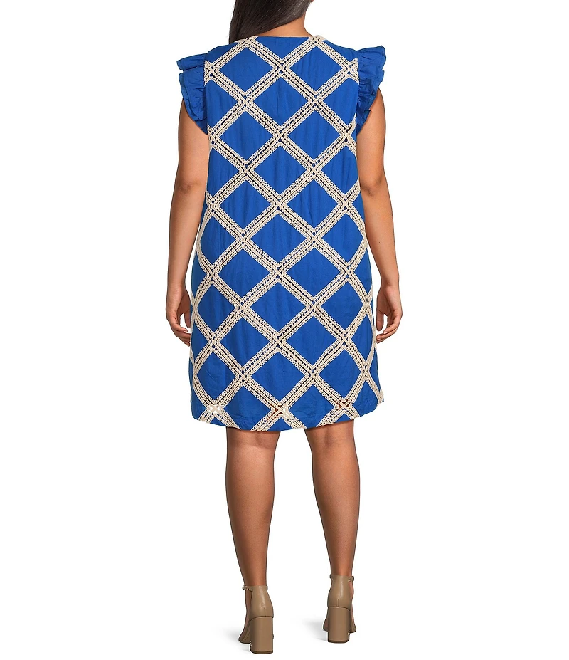 Skies Are Blue Plus Size Macrame Embroidered Pattern Sleeve Mini Dress