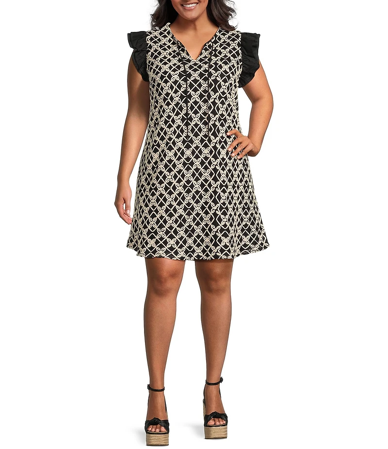Skies Are Blue Plus Size Macrame Embroidered Contrast Sleeve Mini Dress