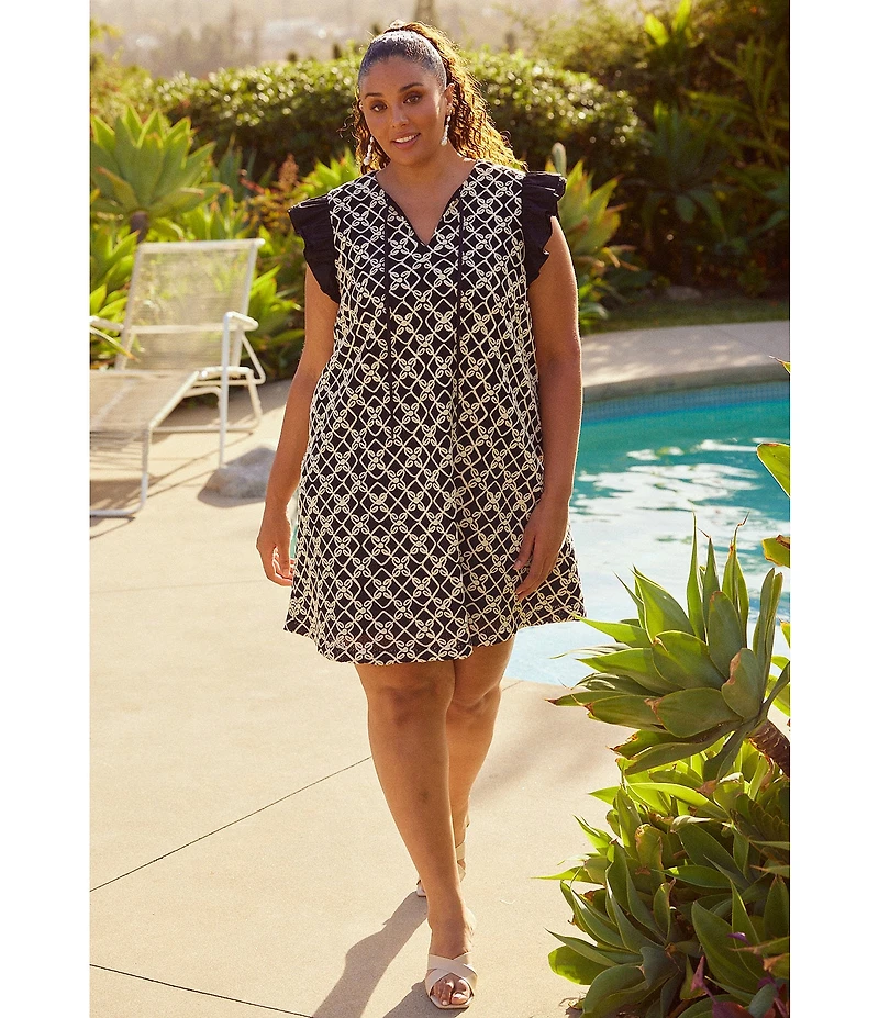 Skies Are Blue Plus Size Macrame Embroidered Contrast Sleeve Mini Dress
