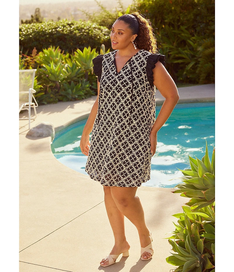 Skies Are Blue Plus Size Macrame Embroidered Contrast Sleeve Mini Dress