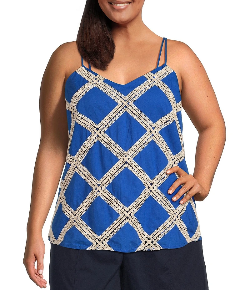 Skies Are Blue Plus Size Macrame Embroidered Double Strap Tank Top