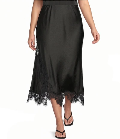 Skies Are Blue Plus Size Mixed Lace Asymmetric Hem Coordinating Slip Midi Skirt