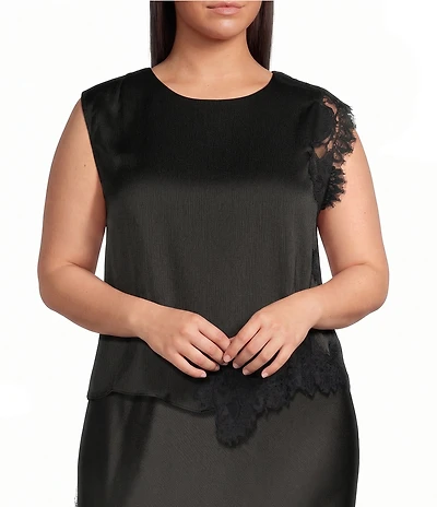 Skies Are Blue Plus Size Mixed Lace Round Neck Sleeveless Coordinating Blouse Top