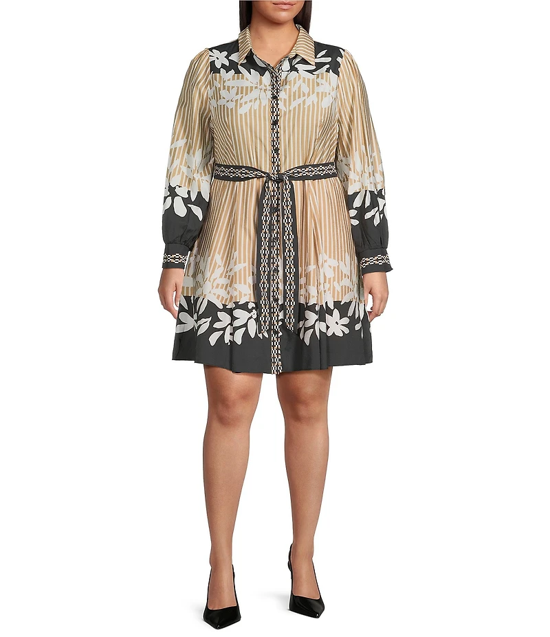 Skies Are Blue Plus Size Mixed Media Long Sleeve Tie Waist Fit And Flare Dress