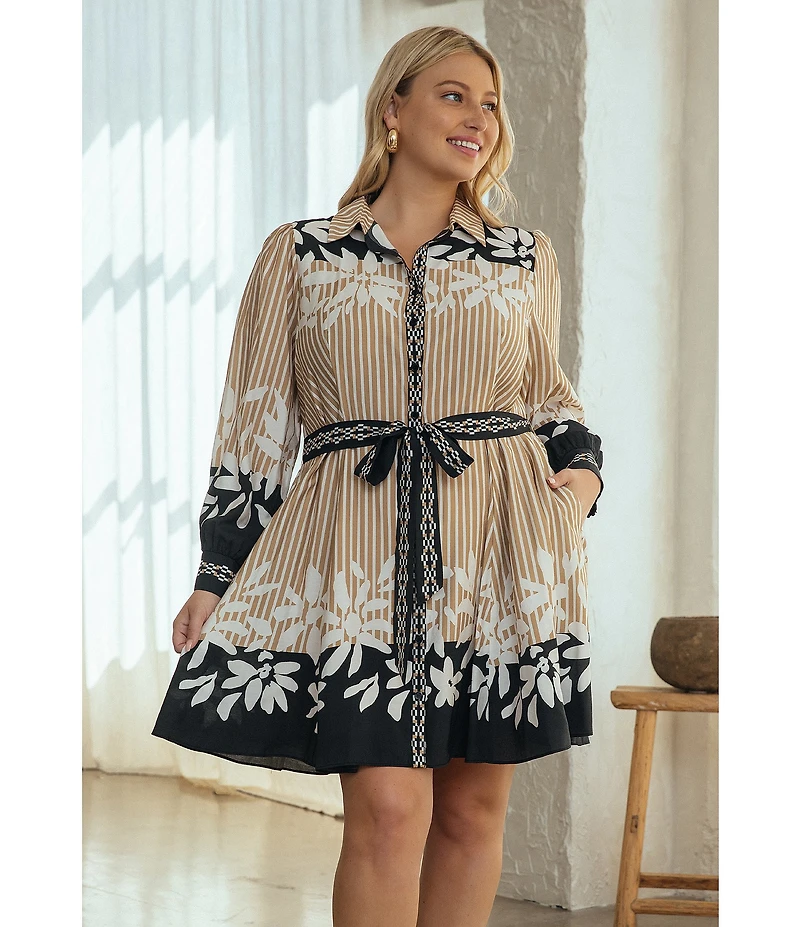Skies Are Blue Plus Size Mixed Media Long Sleeve Tie Waist Fit And Flare Dress