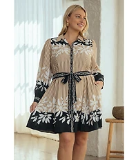 Skies Are Blue Plus Size Mixed Media Long Sleeve Tie Waist Fit And Flare Dress