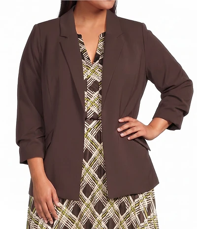 Skies Are Blue Plus Size Notch Lapel Shirred 3/4 Sleeve Open Front Coordinating Statement Blazer