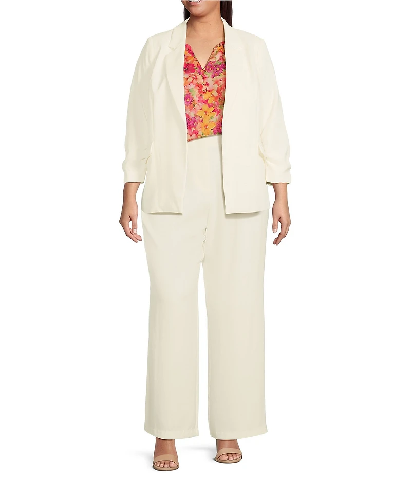 Skies Are Blue Plus Size Notch Lapel Shirred 3/4 Sleeve Open Front Coordinating Statement Blazer