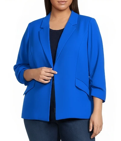 Skies Are Blue Plus Size Notch Lapel Shirred 3/4 Sleeve Open Front Coordinating Statement Blazer