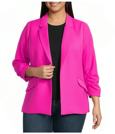 Skies Are Blue Plus Size Notch Lapel Shirred 3/4 Sleeve Open Front Coordinating Statement Blazer