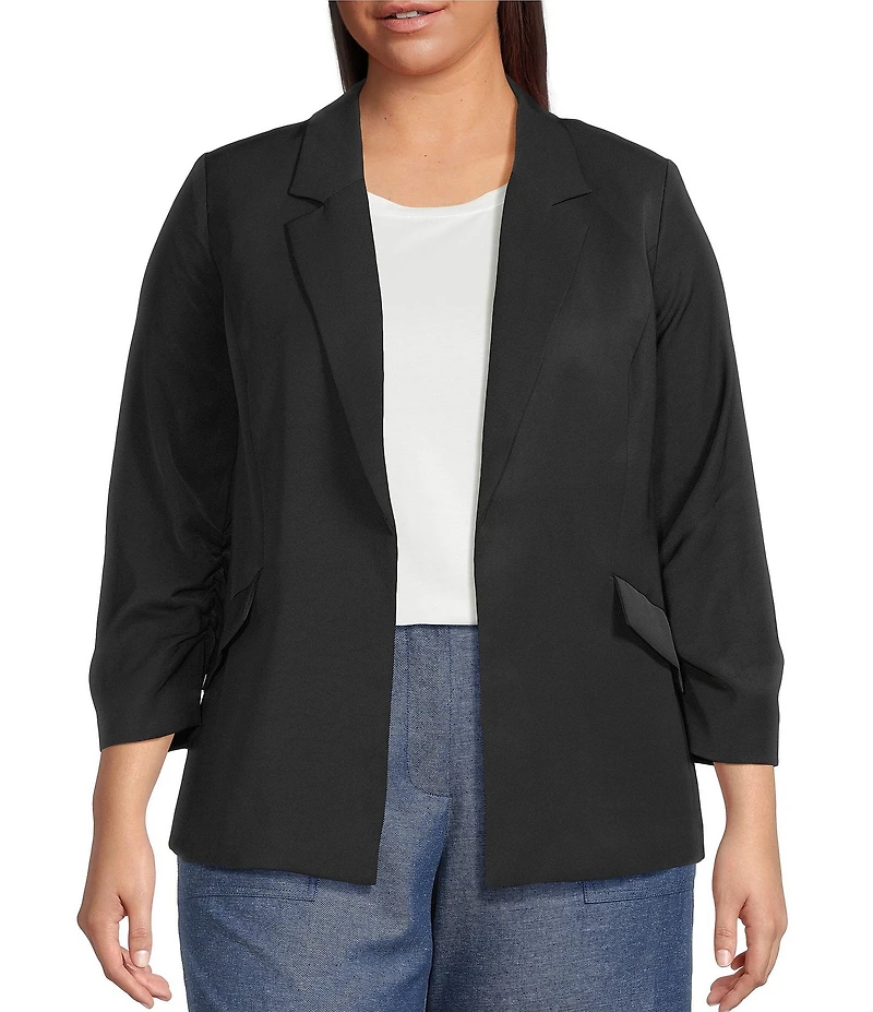 Skies Are Blue Plus Size Notch Lapel Shirred 3/4 Sleeve Open Front Coordinating Statement Blazer