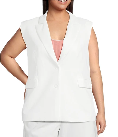Skies Are Blue Plus Size Notch Lapel V-Neck Sleeveless Twill Coordinating Vest