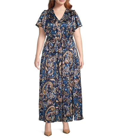 Skies Are Blue Plus Size Paisley Printed Short Sleeve Long Dress