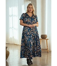 Skies Are Blue Plus Size Paisley Printed Short Sleeve Long Dress