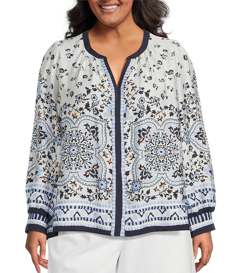 Skies Are Blue Plus Size Paisley Printed V-Neck Long Sleeve Blouse