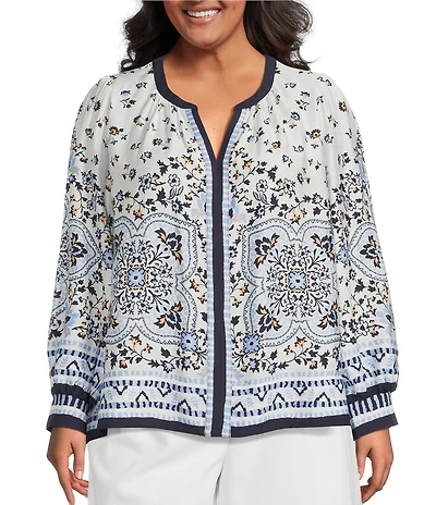 Skies Are Blue Plus Size Paisley Printed V-Neck Long Sleeve Blouse
