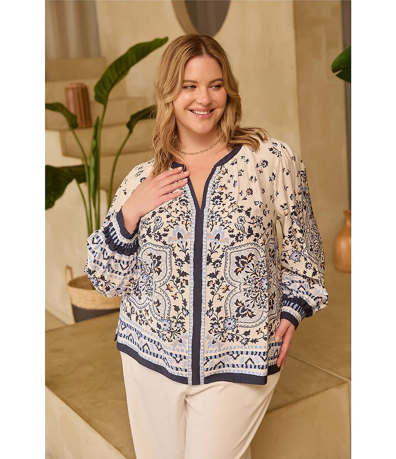 Skies Are Blue Plus Size Paisley Printed V-Neck Long Sleeve Blouse