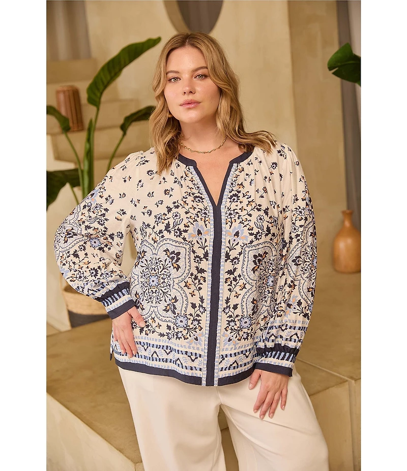 Skies Are Blue Plus Size Paisley Printed V-Neck Long Sleeve Blouse