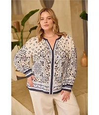 Skies Are Blue Plus Size Paisley Printed V-Neck Long Sleeve Blouse