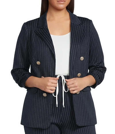 Skies Are Blue Plus Size Pinstripe Collared Neck Long Sleeve Coordinating Blazer