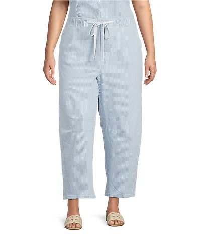 Skies Are Blue Plus Size Pinstripe High Rise Barrel Leg Washed Denim Coordinating Pants