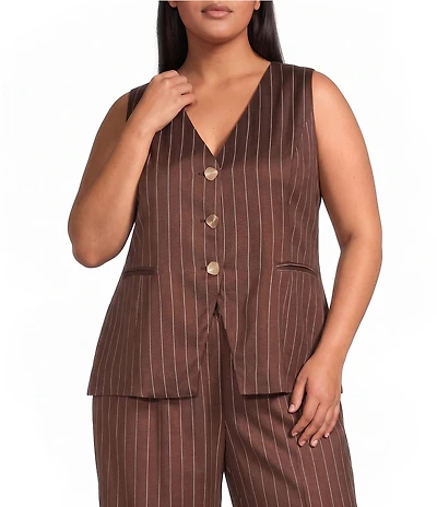 Skies Are Blue Plus Size Pinstripe Printed V-Neck Sleeveless Coordinating Vest Top