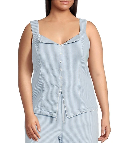 Skies Are Blue Plus Size Pinstripe Sweetheart Neck Sleeveless Washed Denim Coordinating Vest Top