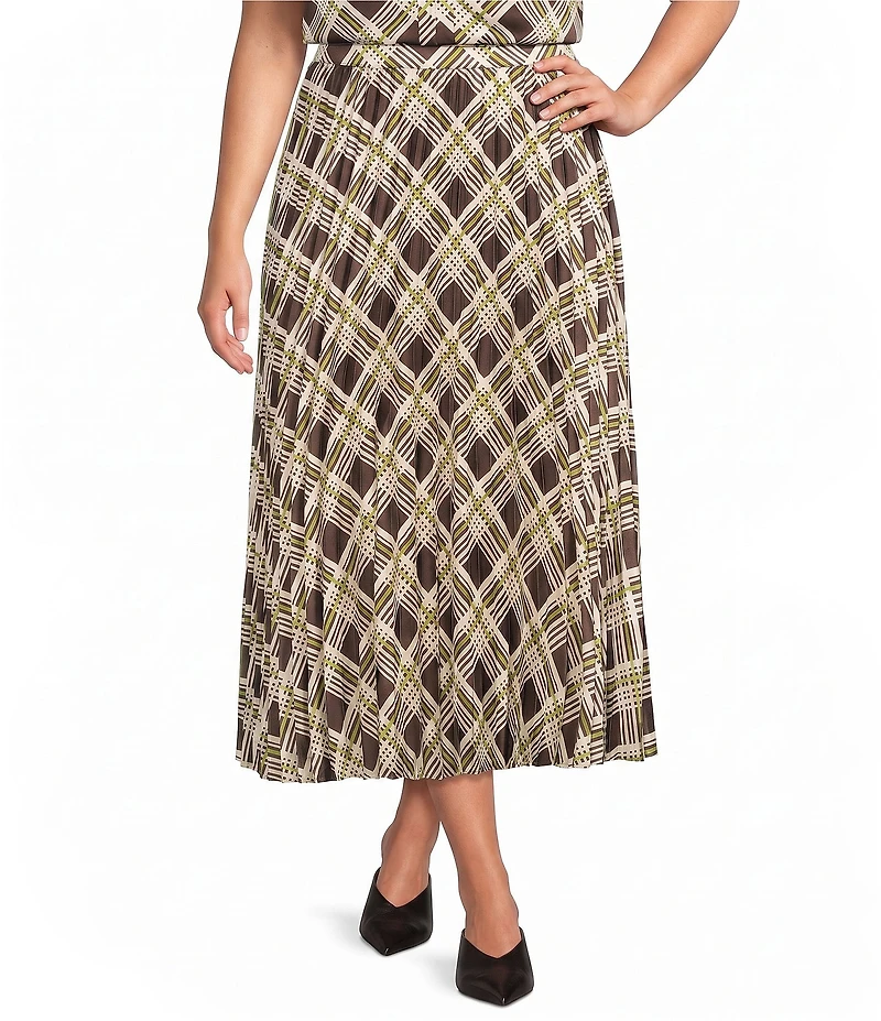 Skies Are Blue Plus Size Plaid Printed A-Line Pleated Midi Skirt