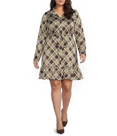 Skies Are Blue Plus Size Plaid Printed Collared V-Neck Long Sleeve Belted Mini Dress