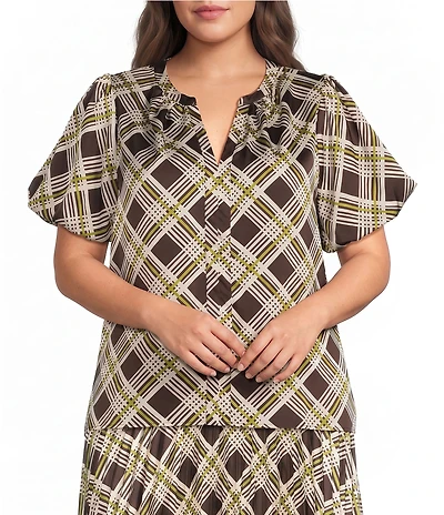Skies Are Blue Plus Size Plaid Printed V-Neck Short Sleeve Coordinating Top