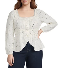 Skies Are Blue Plus Size Polka Dot Square Neck Long Sleeve Top