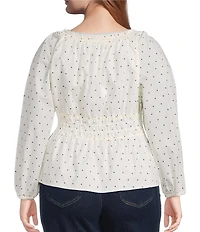 Skies Are Blue Plus Size Polka Dot Square Neck Long Sleeve Top