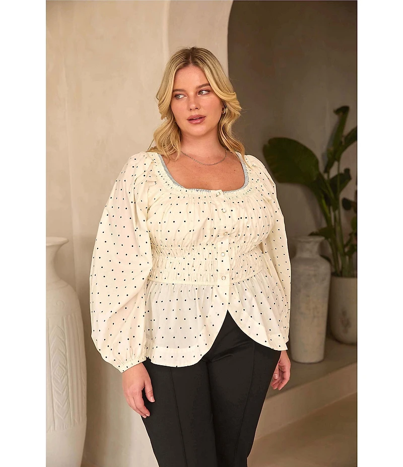 Skies Are Blue Plus Size Polka Dot Square Neck Long Sleeve Top