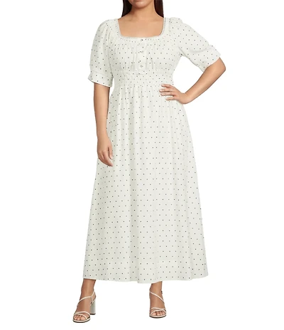 Skies Are Blue Plus Size Polka Dot Square Neck Short Sleeve A-Line Maxi Dress
