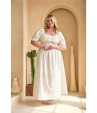 Skies Are Blue Plus Size Polka Dot Square Neck Short Sleeve A-Line Maxi Dress