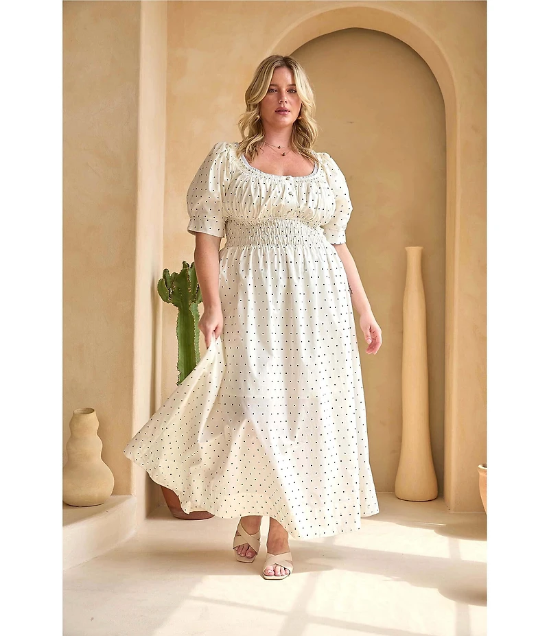 Skies Are Blue Plus Size Polka Dot Square Neck Short Sleeve A-Line Maxi Dress