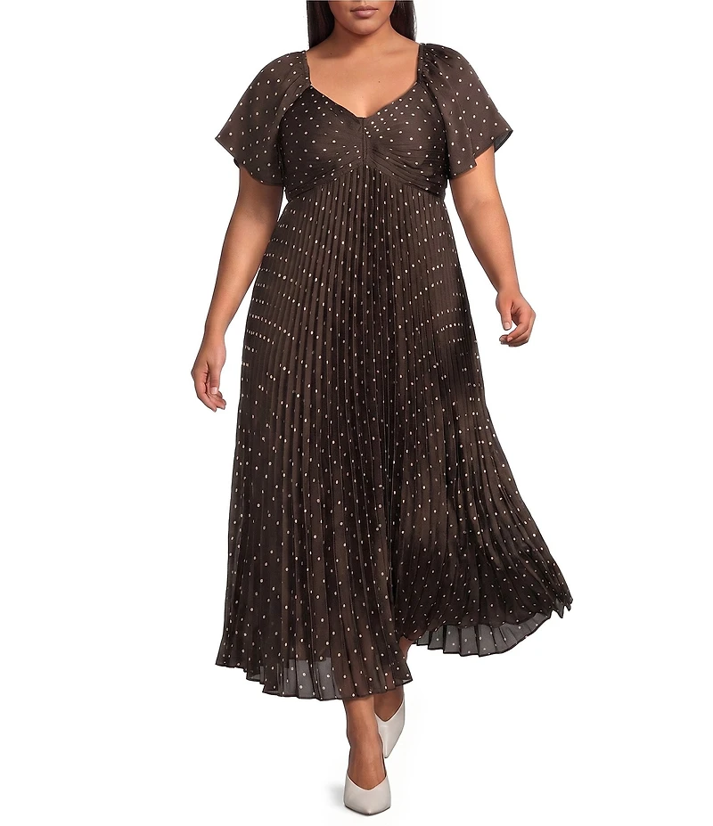 Skies Are Blue Plus Size Polka Dot V-Neck Short Sleeve Pleated Empire Waist Maxi Dress